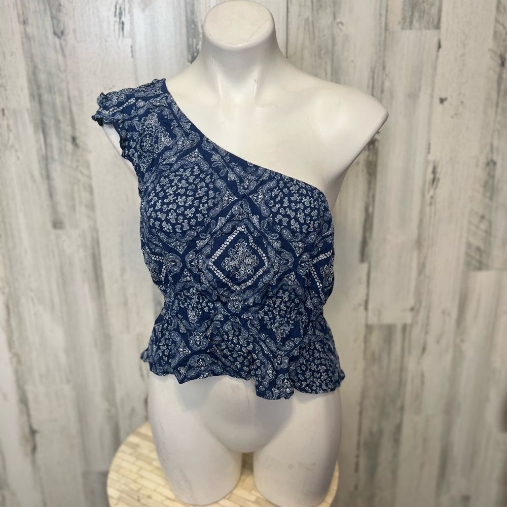 Pink Rose One Shoulder Navy Boho Ruffle Peplum Top Size L – Bandana Print Blouse